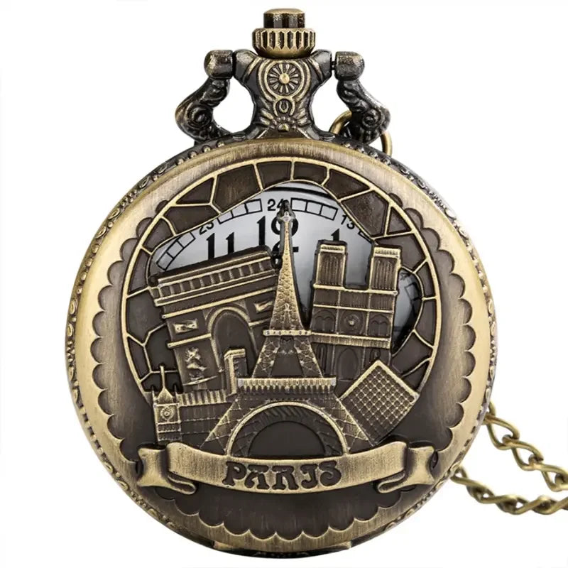 Vintage Paris Eiffel Tower Notre Dame Design Quartz Pocket Watch LE LOUVRE Necklace Pendant Art Souvenir Clock for Men Women