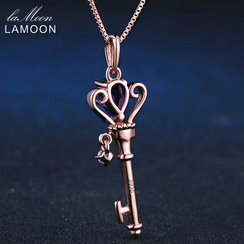 LAMOON Crown Key Pendant 925 Sterling Silver Necklace Jewelry 0.4ct Amethyst Gemstones Necklaces Rose Gold Plated Chain LMNI004