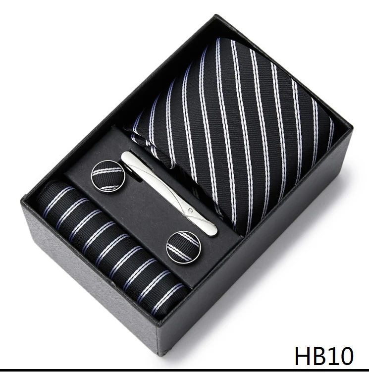 2023 Mode 7,5 cm breite Krawatten-Sets, schwarze Herren-Krawatte, Einstecktuch, Manschettenknöpfe, Krawattenklammer, Box, Hochzeitsgeschenk, handgefertigte Krawatte, Arbeitskleidung