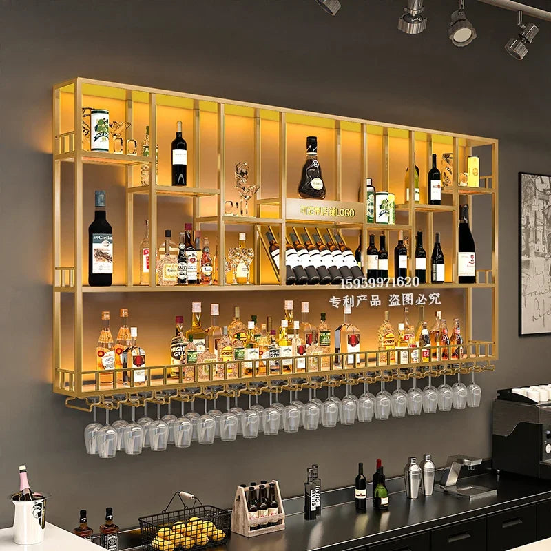 Customized: Bar Counter Wine Cabinet Against the Wall, Hanging Shelves, Industrial Style Bar, Wrought Iron Display Stand,