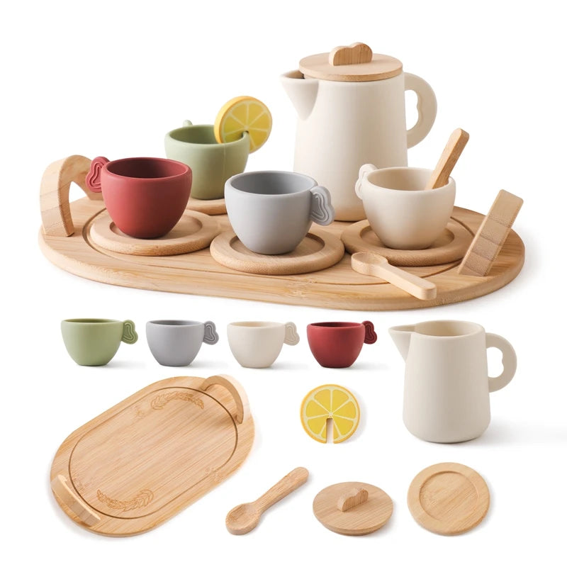 Wooden Montessori Toy Kitchen Set with Teapot and Teacup for Kids