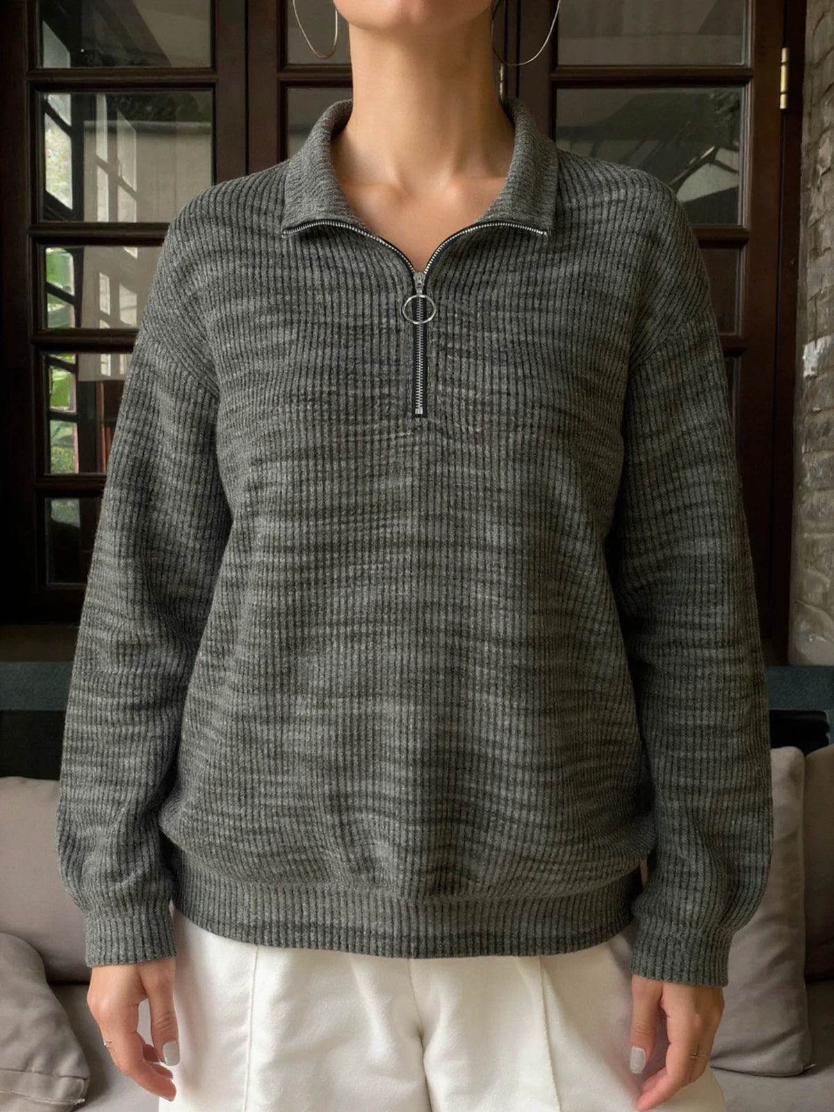 Women’s Long Sleeve Collared Top, Half Zip Everyday Pullover for Street Style and Going Out, Comfortable Loose Cut with Clean Lo