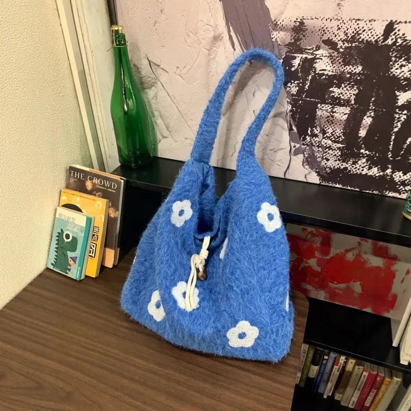 Flower Embroidered Felt Shoulder Tote Bag for Women