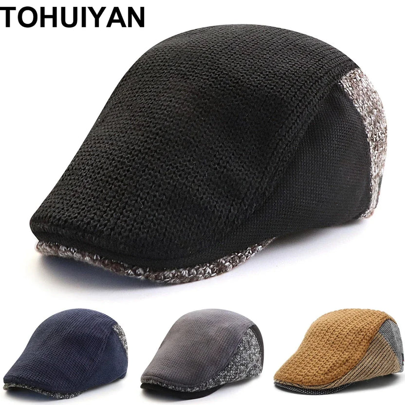 Gorro tipo boina de lana tejida TOHUIYAN para hombre, estilo retro Gatsby, gorro cálido de invierno, boina masculina, gorra de golf, gorra tipo visera, gorra plana Ivy