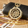 Classic Hexagonal Mechanical Pocket Watch FOB Chain Steampunk Roman Dial Skeleton Gold Hollow Steel Men's Pocket Watch