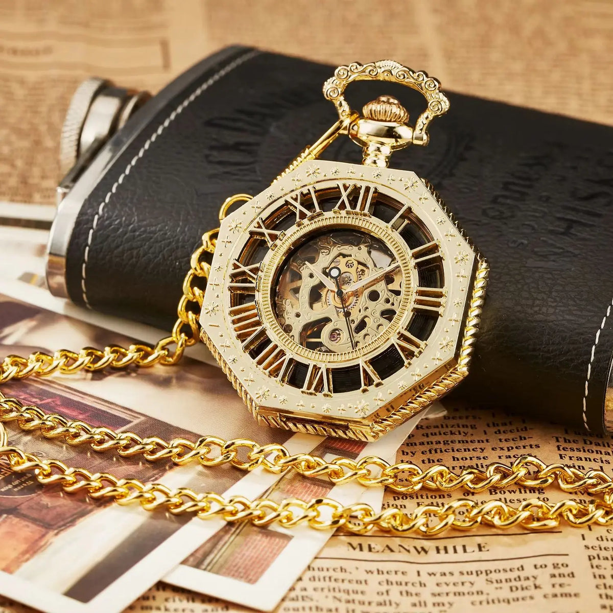 Classic Hexagonal Mechanical Pocket Watch FOB Chain Steampunk Roman Dial Skeleton Gold Hollow Steel Men's Pocket Watch