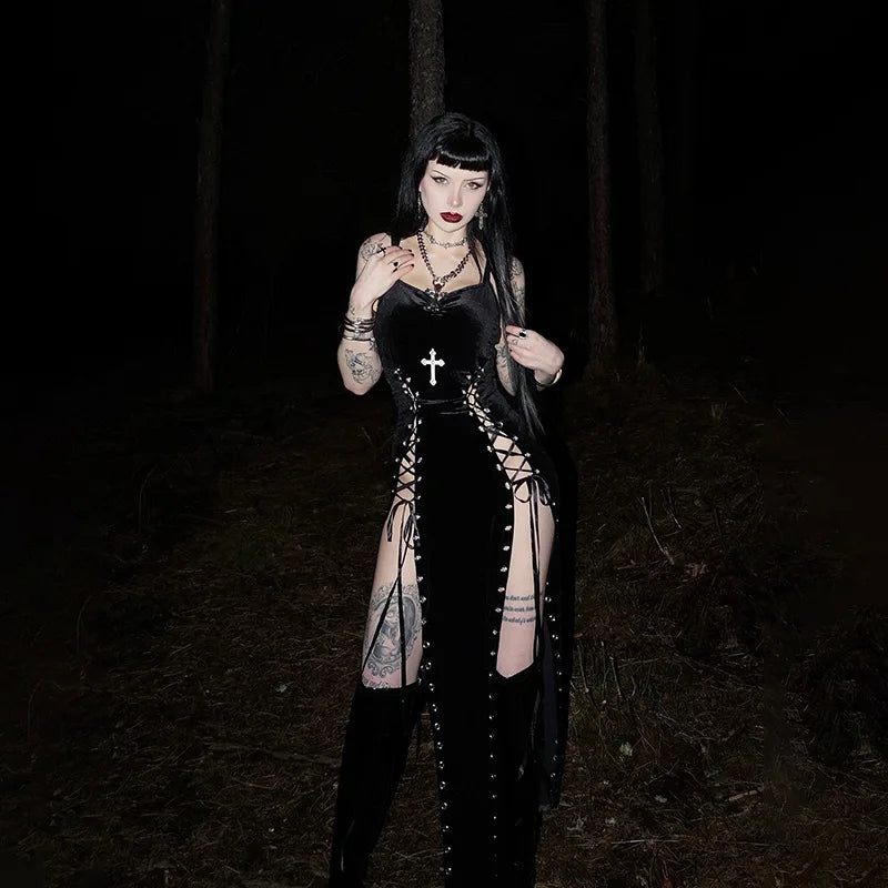 Punk Grunge High Split Hem Straps Dess 90s Streetwear Gown Women Sexy Corn Bandage Velvet Dresses Mall Gothic Clothing