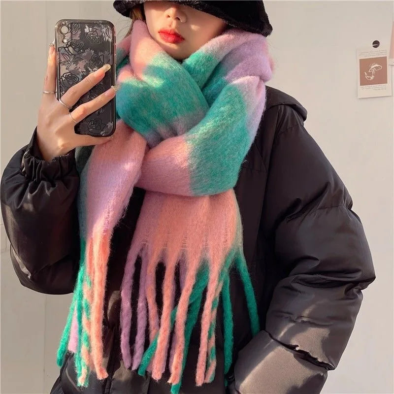 2026 Winter Thick Warm Scarf Women Cashmere Shawl and Wraps Pashmina Neckerchief Bufanda Female Rainbow Hairy Tessel Echarpe New