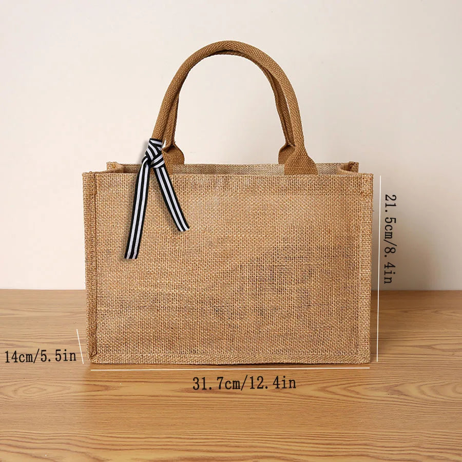 Women's Jute Tote Bag Large Capacity Shopping Bag Travel Storage Bag Open Mouth Men's Handbag
