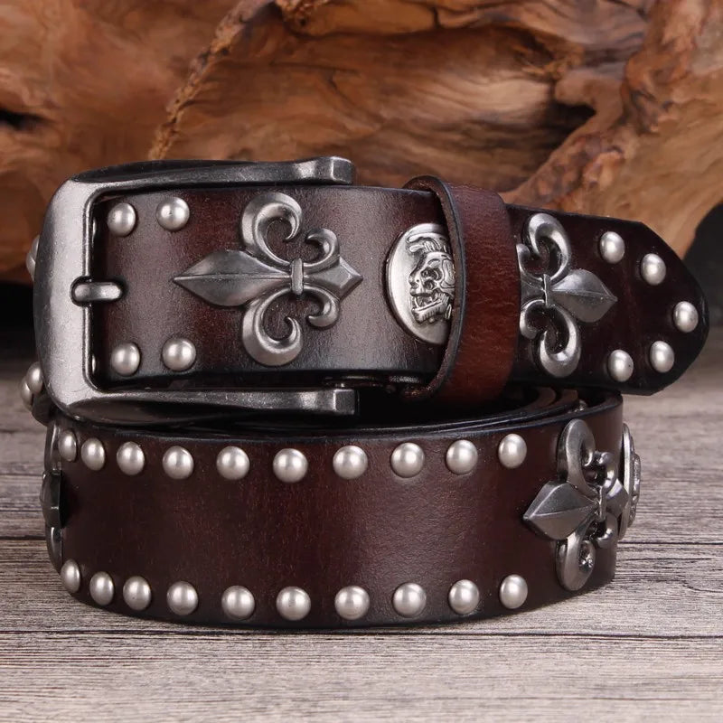 High Quality Metal Rivet Cowboy Belt Top Grain Genuine Leather Cowskin Men Belt Punk Rivet Jeans Belts for Men