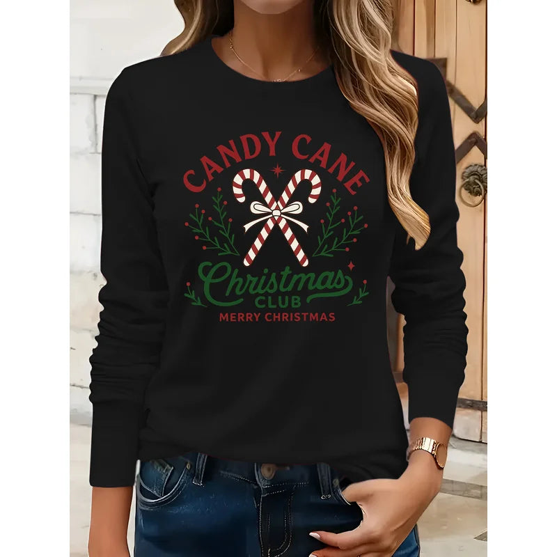 Women's casual long sleeveTShirt，Round collar design，Featuring a festive candy cane pattern print