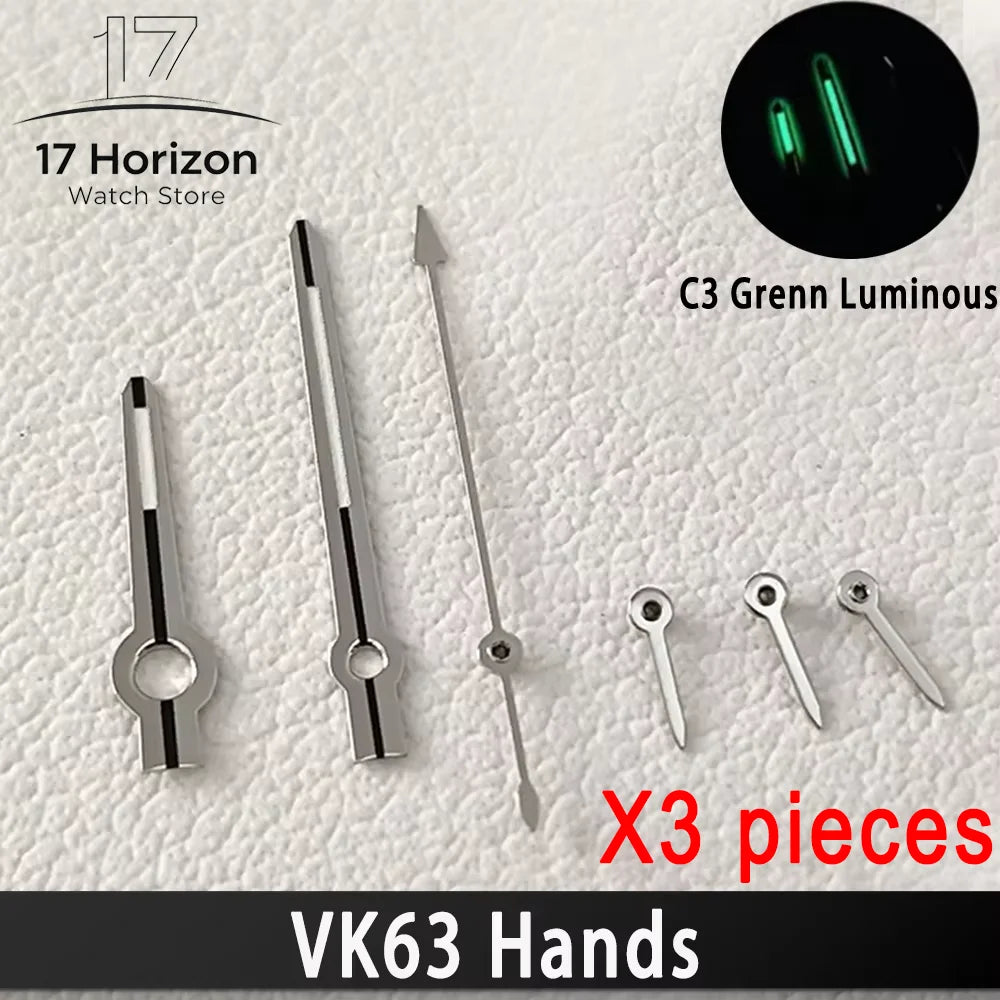 Agujas VK63 de alta calidad, manecillas de carreras para reloj VK63, manecillas de reloj con luminiscencia verde C3, piezas de relojes para hombre con movimiento de cuarzo VK63