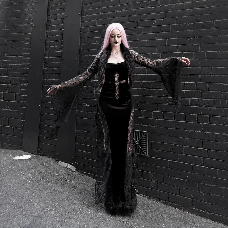 Holloween Gothic Subculture Velvet Lace Dress Cross Cutout Flare Sleeve Faux Fur Trim Bodycon Slim Fit Long Dress Party Outfit