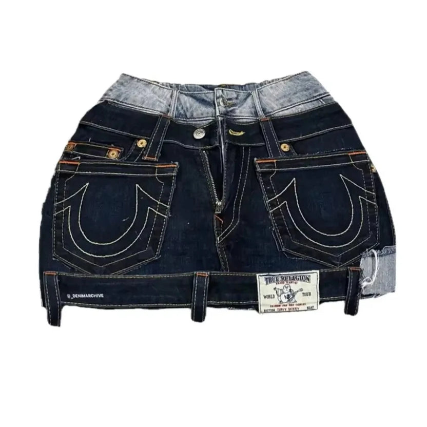Krótka spódnica jeansowa w stylu Y2K Gothic Punk, damska, w stylu Harajuku, retro, z naszywkami, zapinana na zamek, streetwear, niska talia, vintage, minispódnica jeansowa