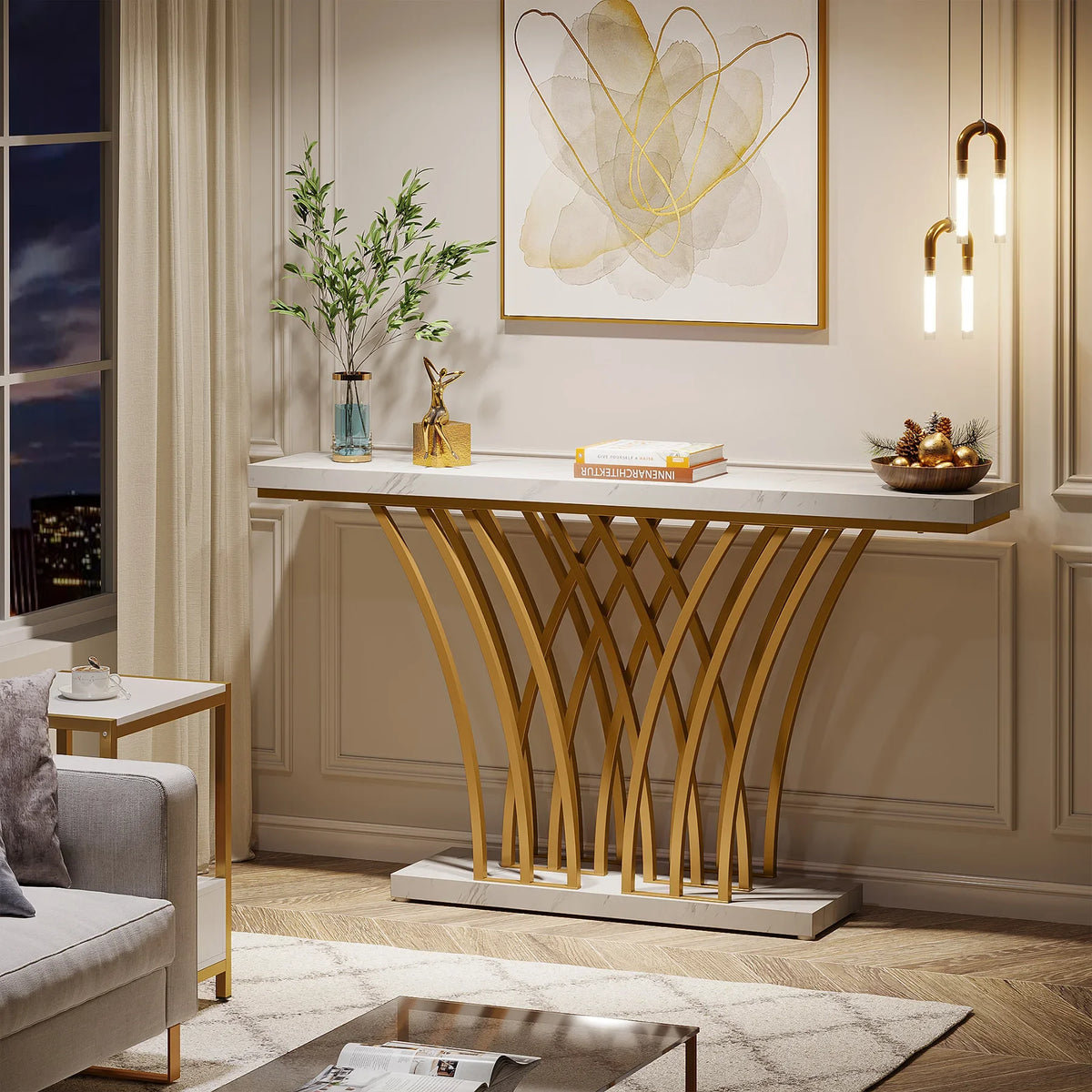 Tribesigns 59 Inch Gold Console Table with Metal Grid Base