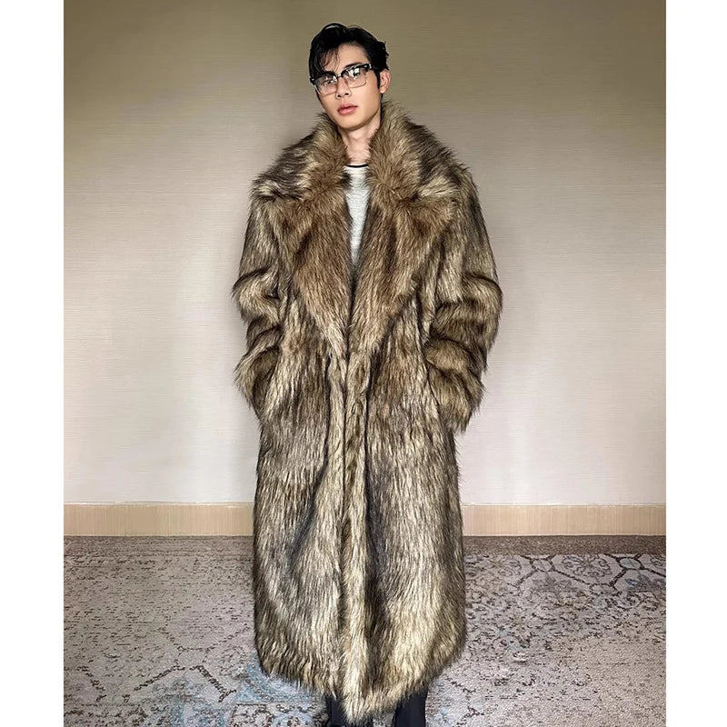 Abrigo de piel para hombre, piel de lobo, piel de zorro, abrigo largo con solapa, cortavientos de invierno cálido y resistente al viento, talla grande