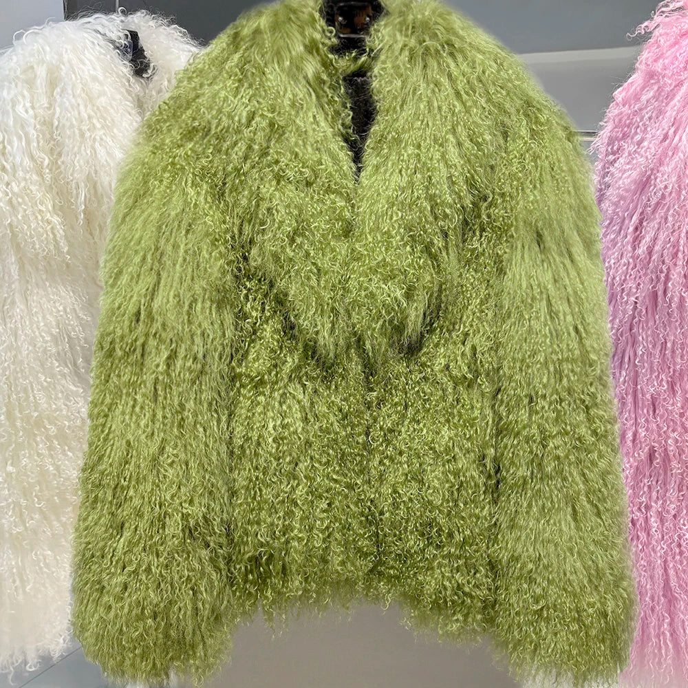 YOLOAgain Women's Real Mongolia Sheep Fur Jacket Dark Brown Sheep Fur Jacket