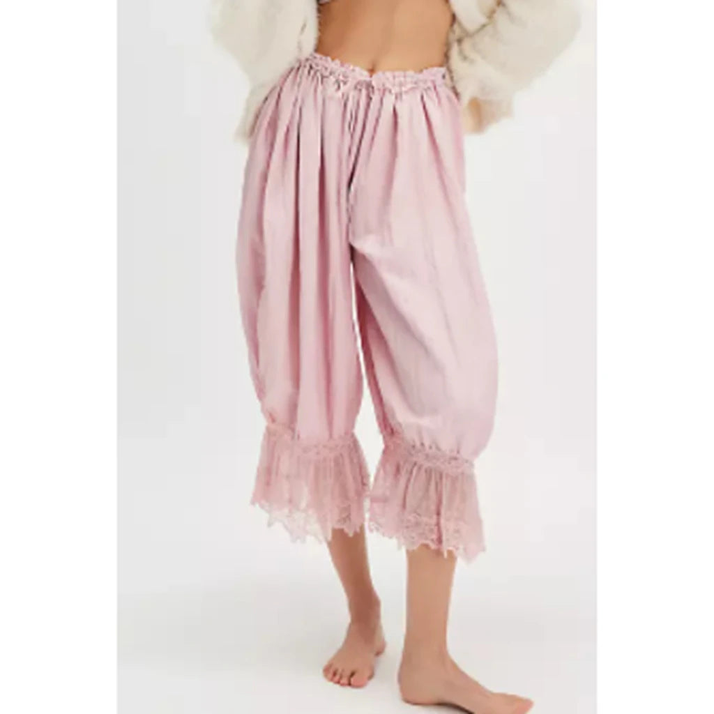 Combhasaki Women's Y2K Loose Fit Bloomers Cropped Pants Drawstring High Waist Floral Lace Patchwork Calf-Length Lantern Trousers