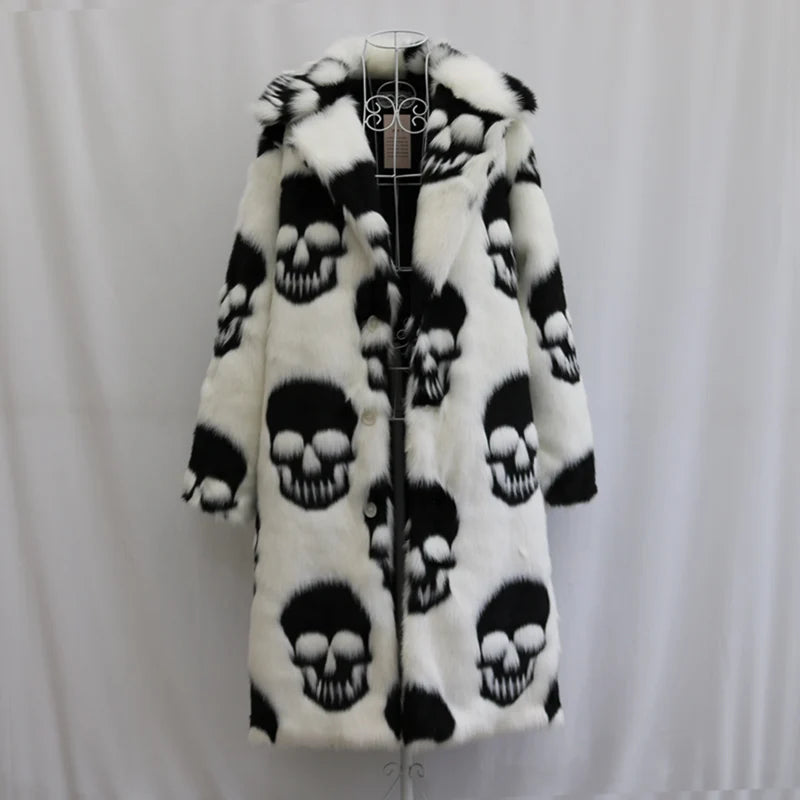 Abrigo largo de piel sintética de visón con cuello de traje para hombre, gabardina con botones, tendencia de personalidad europea y americana con calavera