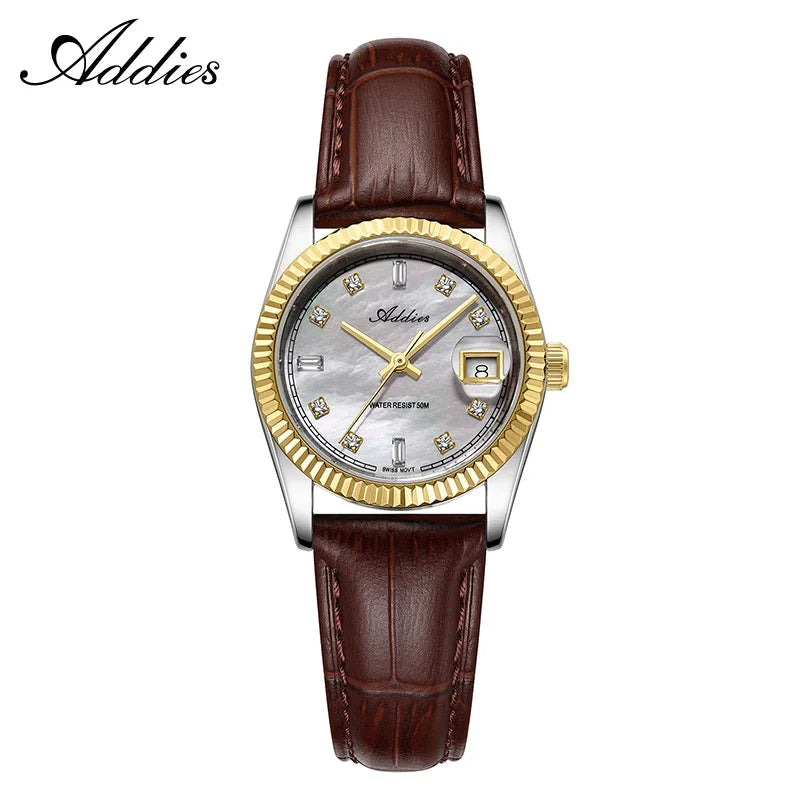 Reloj de lujo para mujer ADDIES de 28 mm, cristal de zafiro, resistente al agua 50 m, acero inoxidable 316L, reloj de cuarzo para negocios para mujer