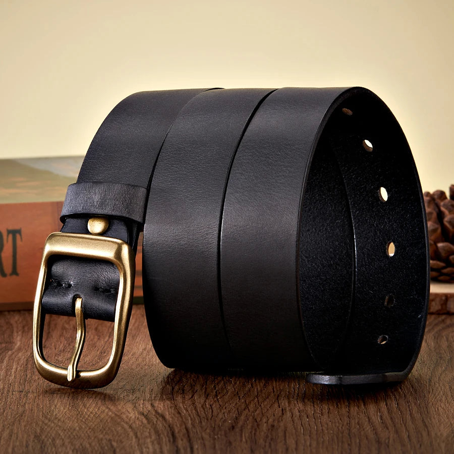 Cinturón de piel de vaca natural de alta calidad de 3,3 cm para hombre, estilo casual, con hebilla de cobre, correa de negocios para vaqueros, cintos masculinos