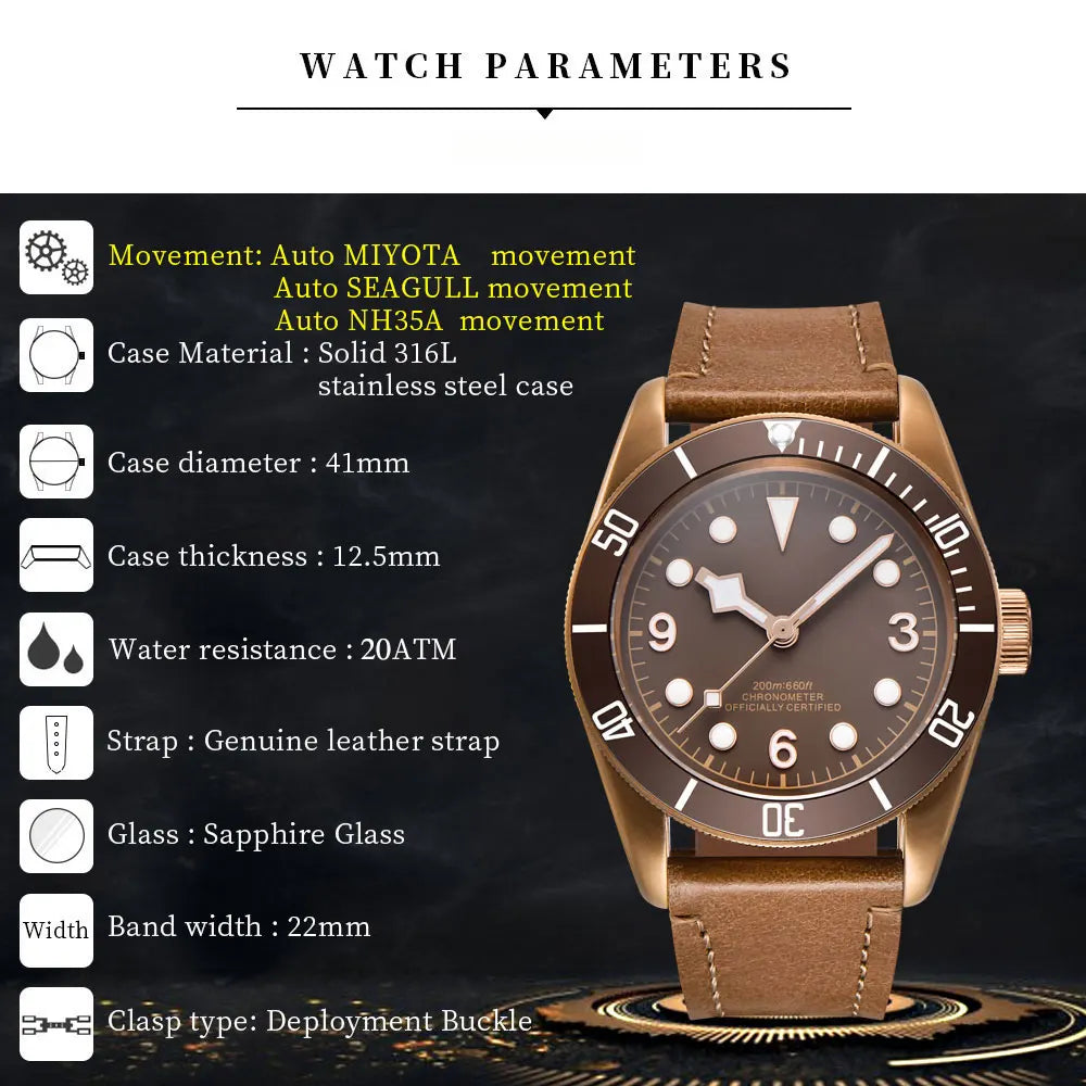 Custom Logo NH35A Miyota Sport 20ATM Watch PVD Coffee Bronze Case Sapphire Glass Luminous Deployant Clasp Deepwaterproof