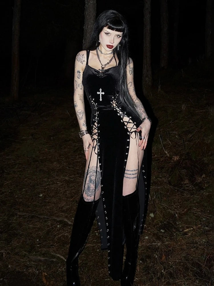 Punk Grunge High Split Hem Straps Dess 90s Streetwear Gown Women Sexy Corn Bandage Velvet Dresses Mall Gothic Clothing