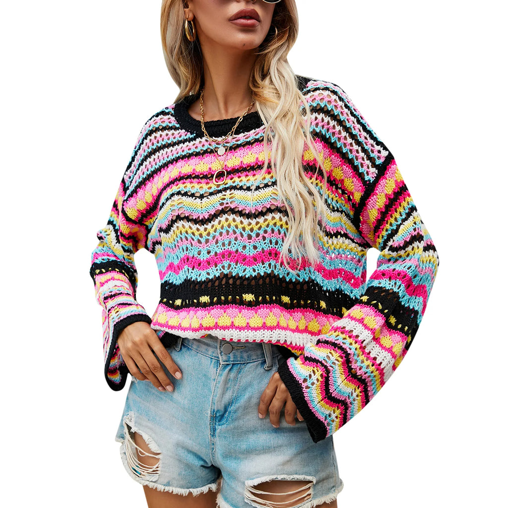 Meihuida Women's Loose Fit Sweater with Hollow Variegated Color and Long Flared