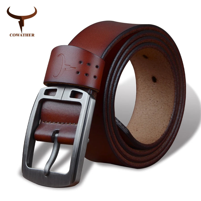 COWATHER Cowhide Genuine Leather Belts for Men Brand Strap Male Pin Buckle Vintage Jeans Belt 100-150 Cm Long Waist 30-52 XF001
