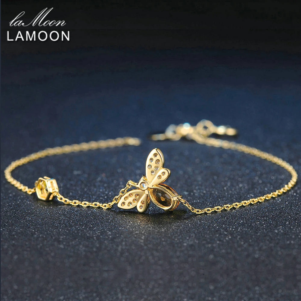 LAMOON Bee Bracelet for Woman Citrine Gemstones Bracelets 925 Sterling Silve 14K Gold Plated Designer Jewelry for Lover LMHI002