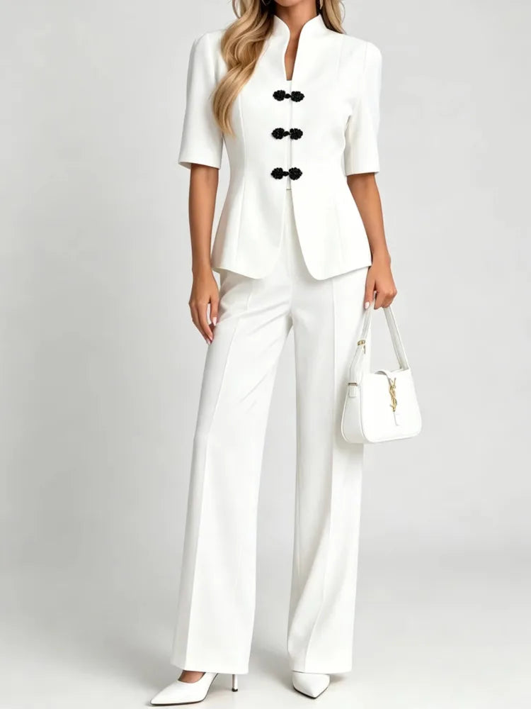 Traje de dos piezas para mujer con blazer de cuello mao y pantalones de talle alto