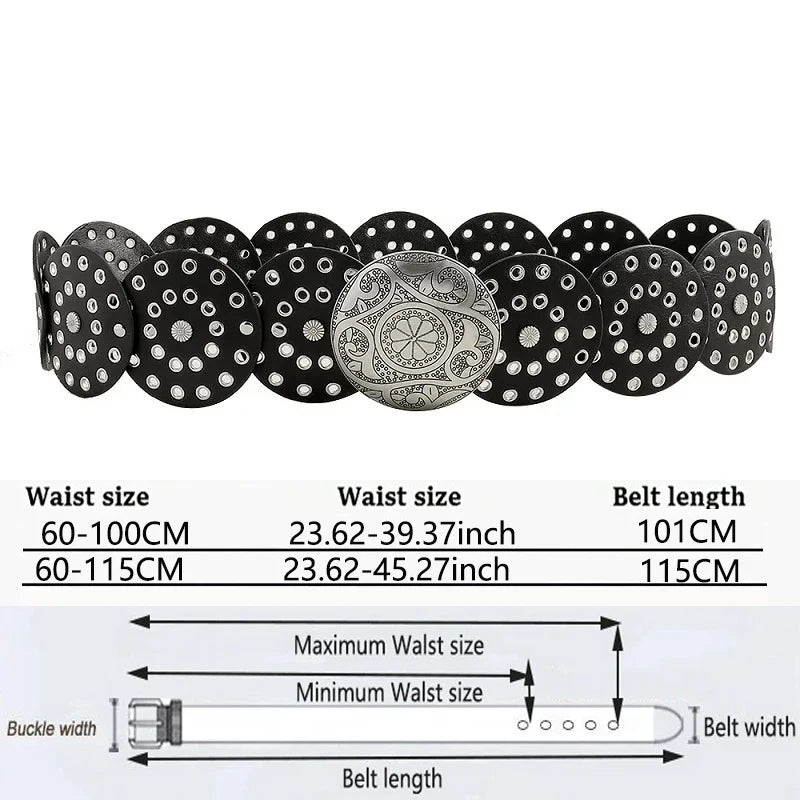 Cinturón de mezclilla estilo vaquero para mujer, metal de alta calidad, hueco, tendencia para damas, cintura ancha, vintage, personalizado, redondo, DT148
