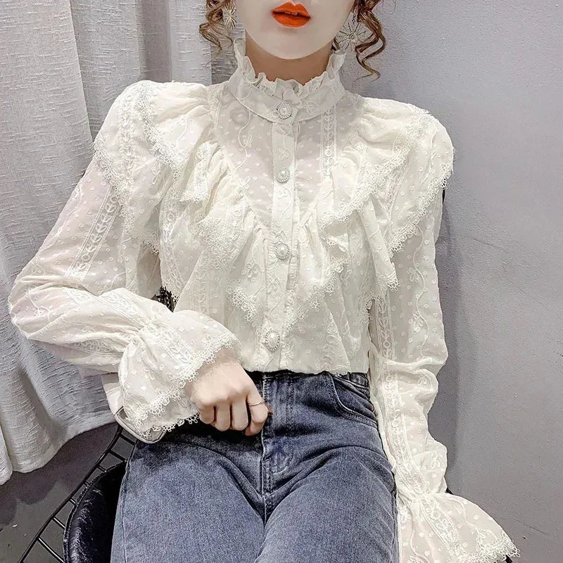 Blusa de chifón blanca de manga larga para mujer con cuello alto y corte holgado