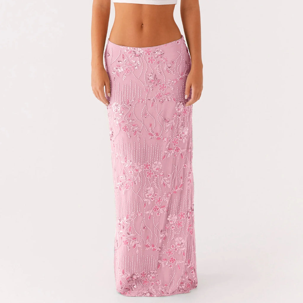 Women's Summer Sequin Beaded Floral Embroidered Maxi Skirt