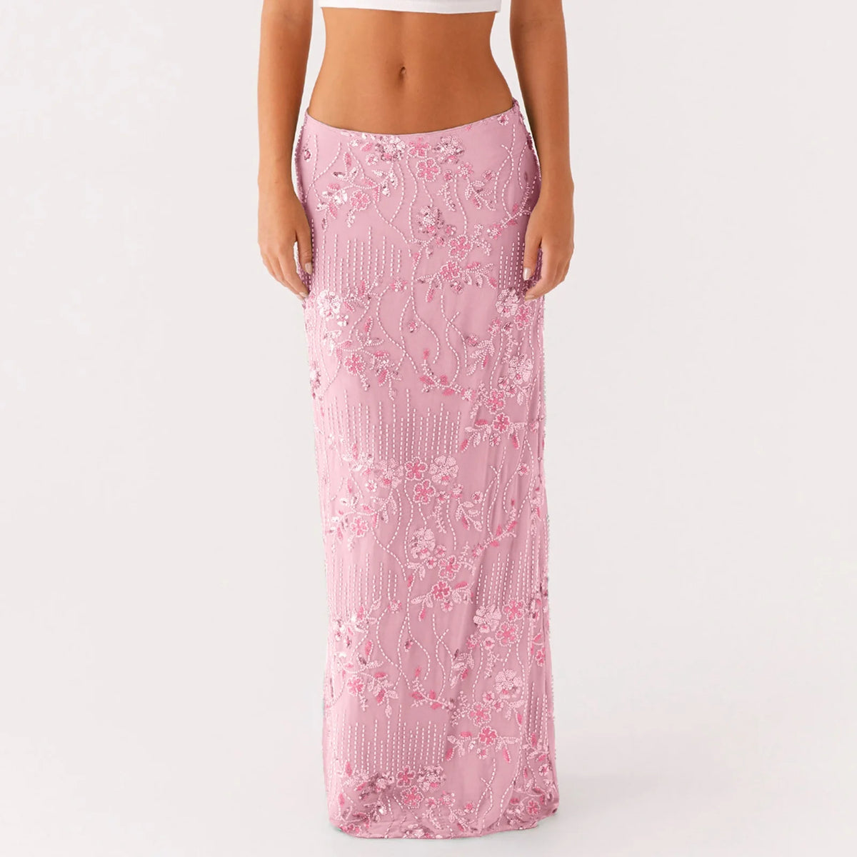 Women's Summer Sequin Beaded Floral Embroidered Maxi Skirt