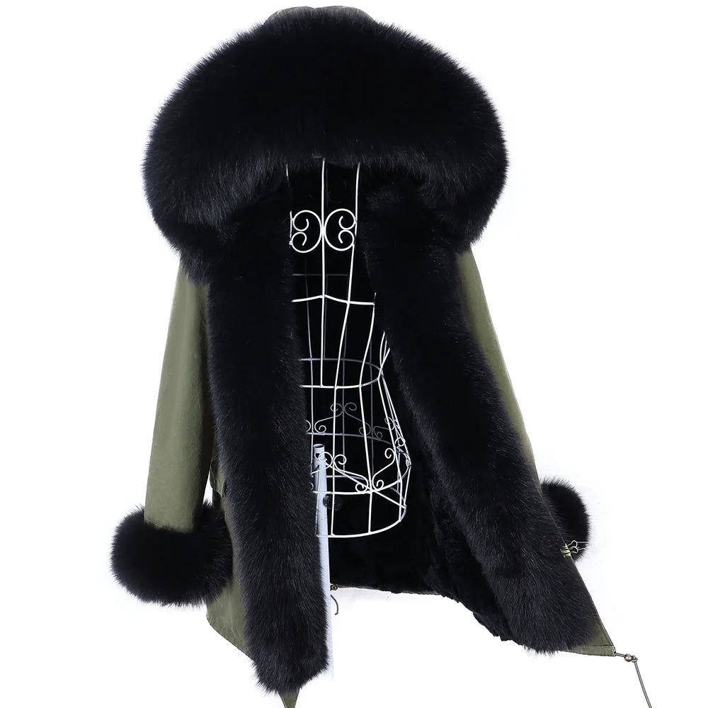 MAOMAOKONG 2026 Removable Real Fox Fur Collar Coats Woman Winter Jacket Hooded Rabbit Fur Lining Long Parkas Female Clothes