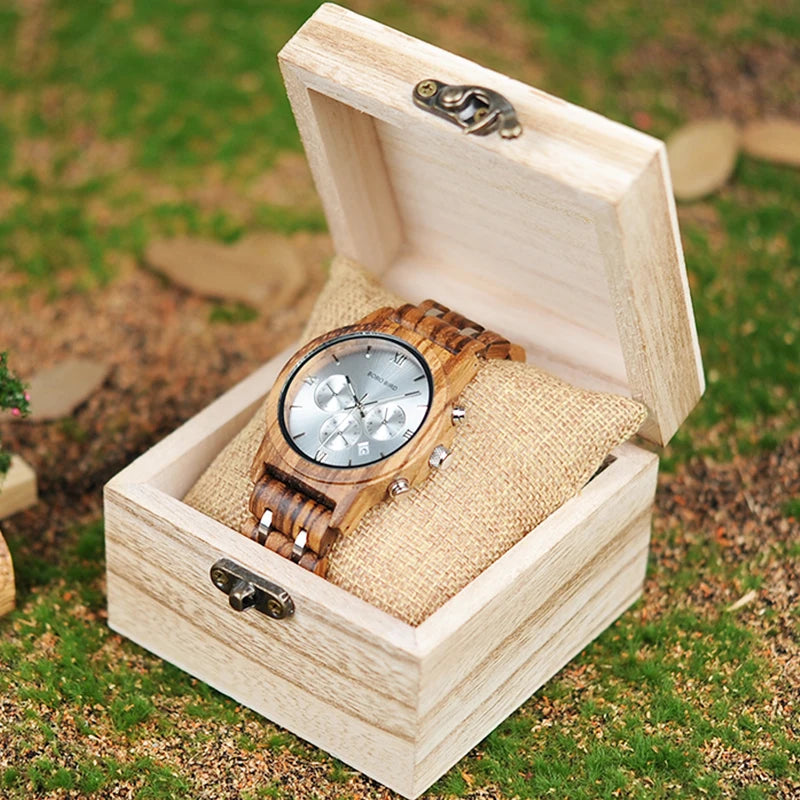 Custom Wood Watch BOBOBIRD Personalized Name Brand BOBOBIRD Chronograph Military Quartz Wristwatch With Wooden Box