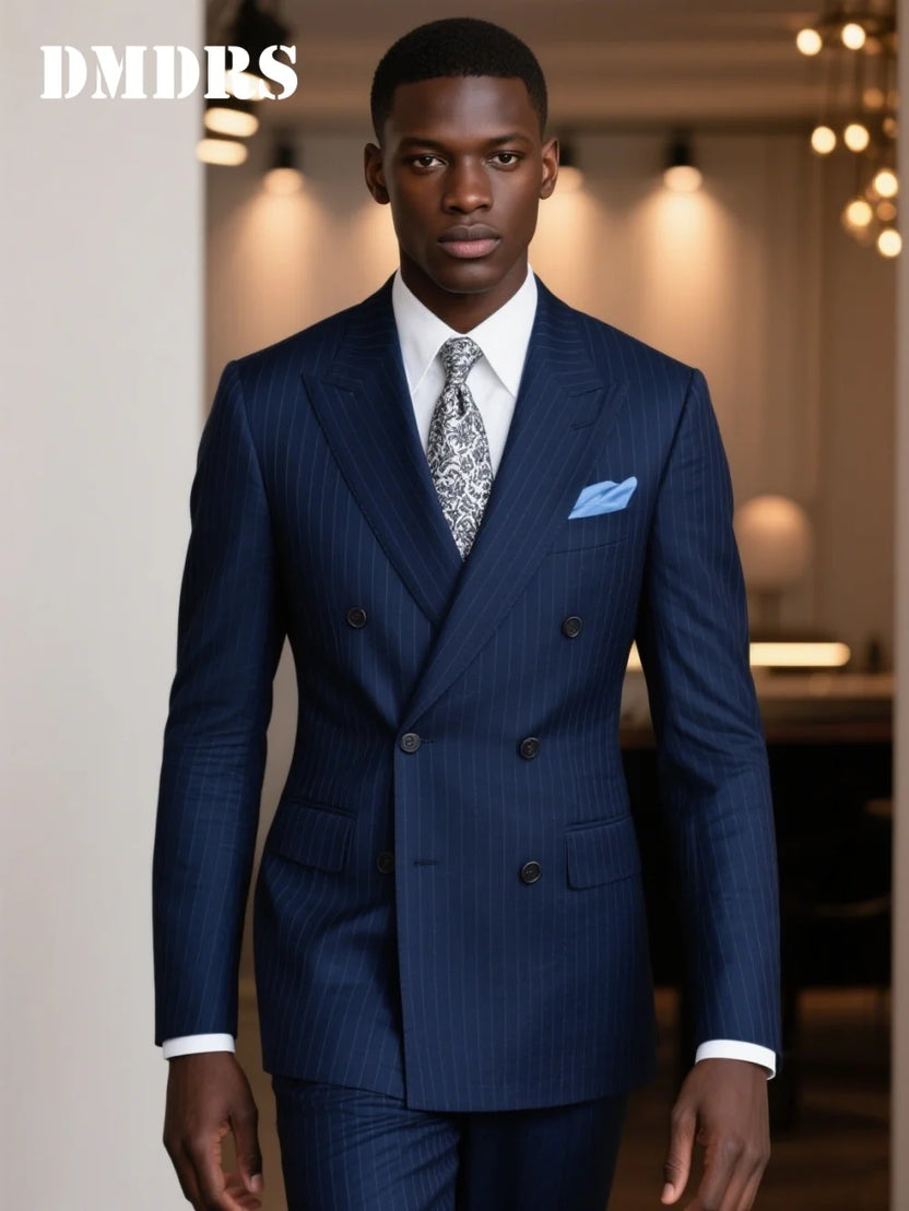 Navy Blue Pinstripe Double-Breasted Suit for Men Wedding - Formal Groom Suit Set With Classic Jacket and Pants Wedding Suits