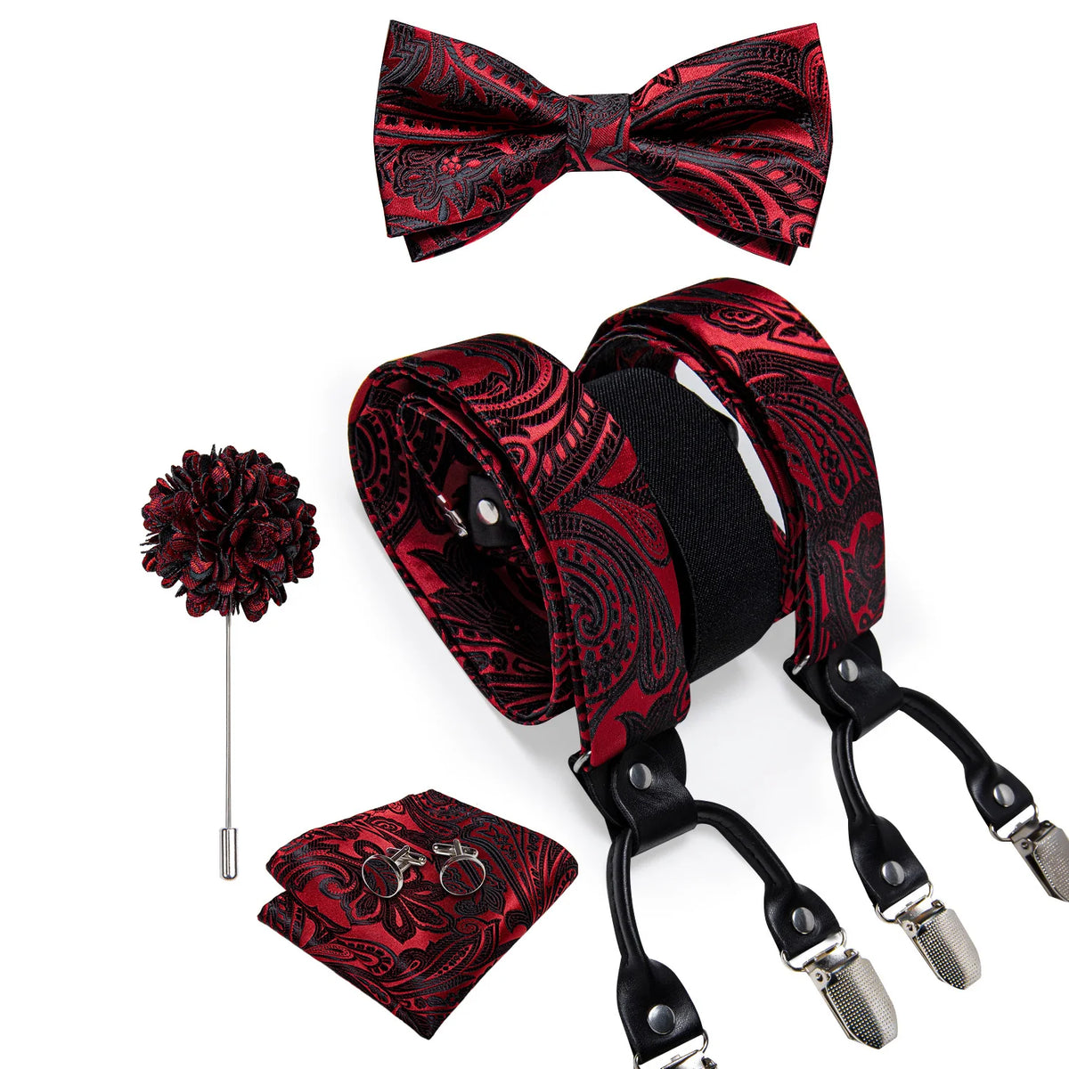 Luxury White Men's Suspenders Adjustable 6 Clips Braces DiBanGu Leather Metal Pre-Tied Bow Tie Brooch Pocket Square Set