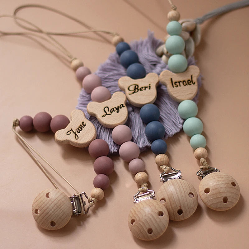 Cadena para chupete de bebé personalizada de madera con nombre, clip de silicona para chupete, soporte para tetina, mordedor, regalo para recién nacido