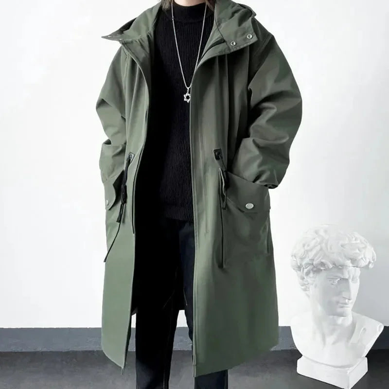 Chaqueta cortavientos militar verde de moda para hombre primavera-otoño 2025, abrigo casual con capucha de longitud media, sobretodo de estilo urbano para diario, ropa masculina