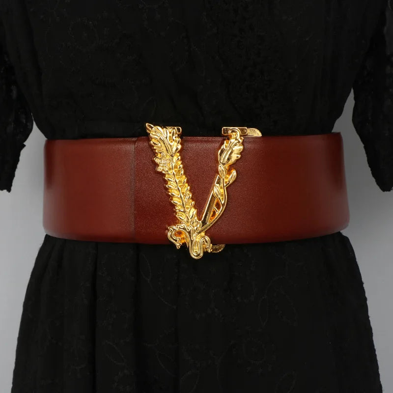 Width 6.5CM Waist Belt Women Metallic Gold Large V-Shaped Cowhide Decoration Versatile Fashion Commuter Dress Jacket Jeans Belt