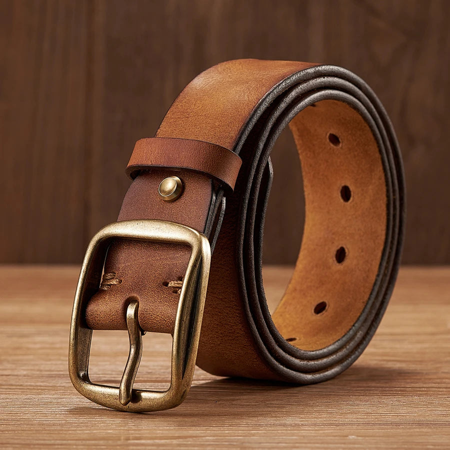 Cinturón de piel auténtica de vaca gruesa con hebilla de pasador de cobre para vaqueros, cinturón informal de moda, correa retro de lujo para hombre