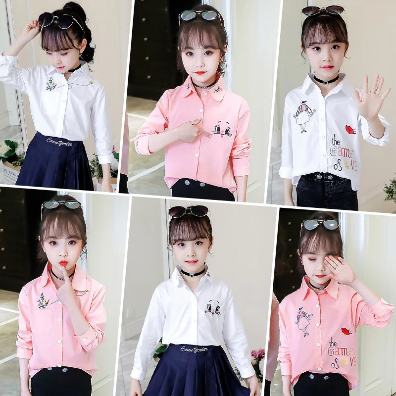 Girls White Blouse Fall Cute Long Sleeves Children Cartoon Shirts Girl Blouses Cat Teenager School Clothes Kids Tops