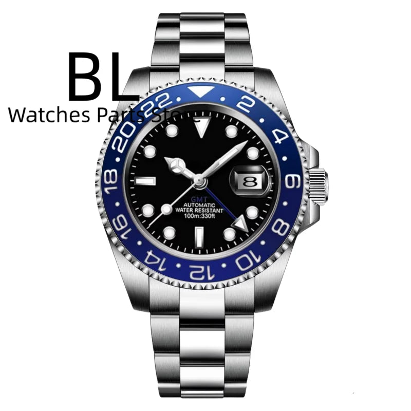 BLIGER 40mm Customizable Logo Blue GMT Watch for Men Black White Dial Green Luminous Sapphire Glass Waterproof Reloj Hombre Date