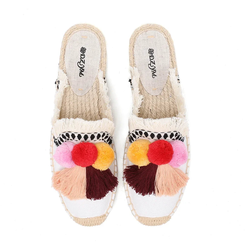 Women's Slippers  Espadrilles  Fluffy Ball Mule Slides Sale -  Rubber Hemp Shoes Outside Spring  Women  Sandals