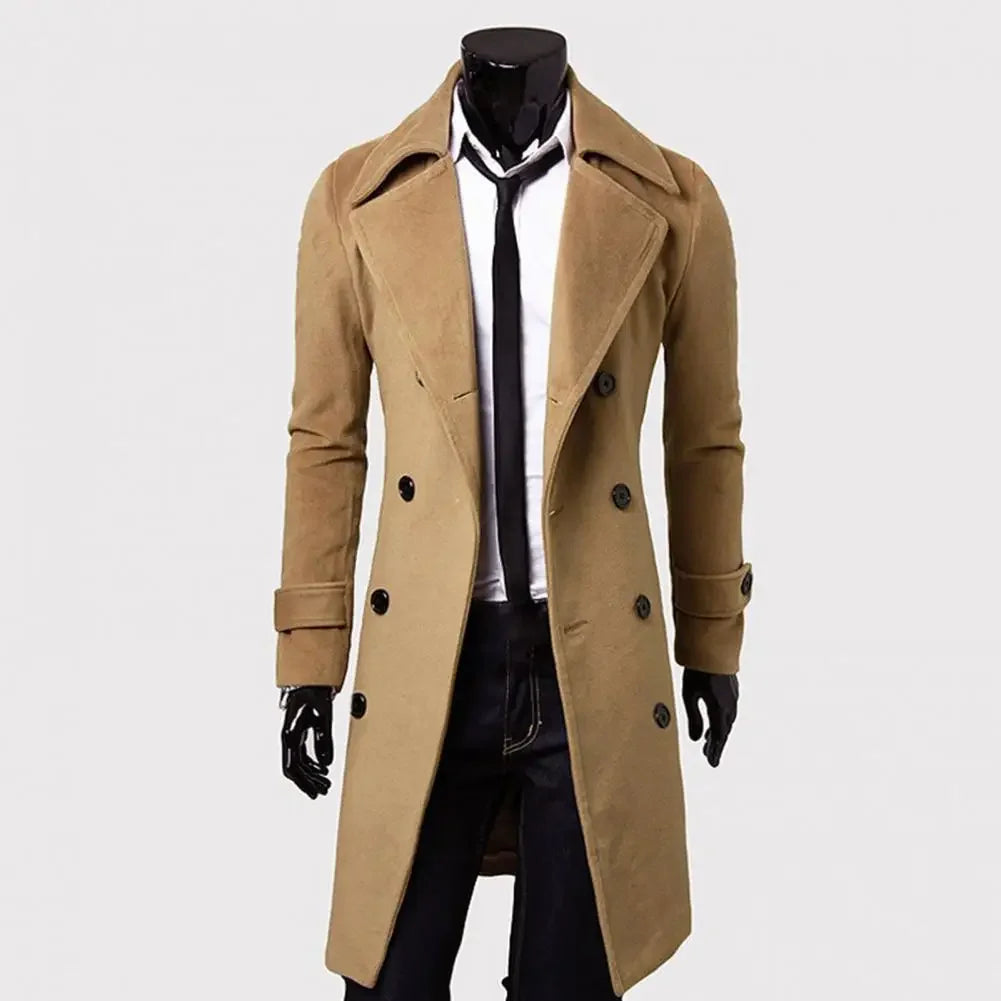 Simple Trench Coat  Double-Breasted Male Men Coat  Coldproof Pure Color Jacket