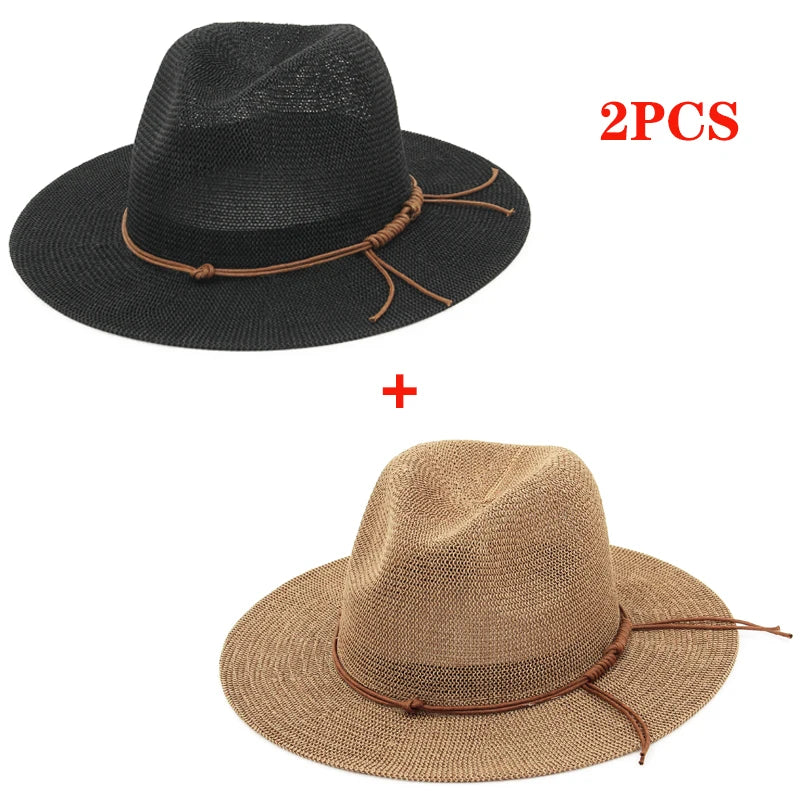 GEMVIE New Summer Hat Panama Hats Hollow Out Straw Hat for Men Women Leather Ribbon Large Brim Sun Beach Hat Jazz Cap Fedora