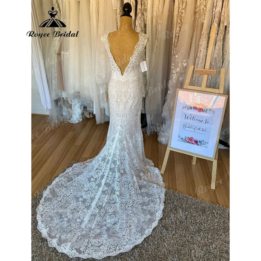 Vintage Boho Lace Behemian Mermaid Wedding Dress Robe Civil Country Bridal Gowns Sexy Backless Robe Mariage Femme Customized