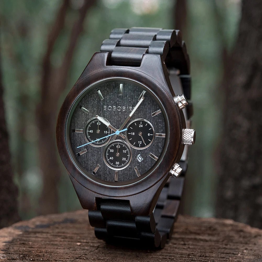 Reloj de pulsera cronógrafo BOBO BIRD para hombre, de madera, cuarzo, con fecha automática, cronómetro, multifuncional, Relogio Masculino personalizado